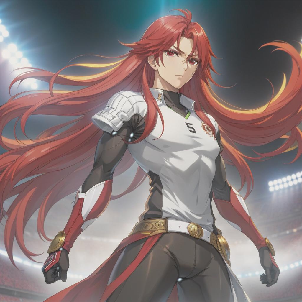  anime artwork A man, silver red long hair. Horse tail. Tight football shirt with high collar. Sash. . anime style, key visual, vibrant, studio anime, highly detailed hyperrealistic, full body, detailed clothing, highly detailed, cinematic lighting, stunningly beautiful, intricate, sharp focus, f/1. 8, 85mm, (centered image composition), (professionally color graded), ((bright soft diffused light)), volumetric fog, trending on instagram, trending on tumblr, HDR 4K, 8K