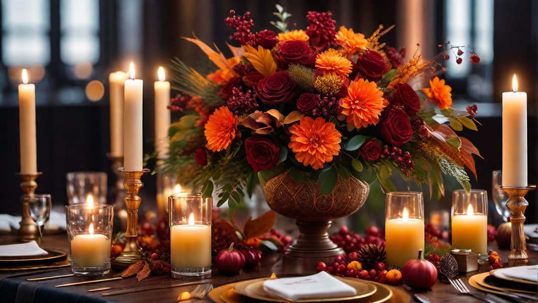  Generate an image of a rustic and elegant autumn wedding centerpiece. The centerpiece should be placed on a wooden slice base and adorned with a tree centerpiece. Include seasonal foliage in shades of red, orange, and gold. Scatter delicate candles in glass holders around the centerpiece to create a warm and romantic ambiance. hyperrealistic, full body, detailed clothing, highly detailed, cinematic lighting, stunningly beautiful, intricate, sharp focus, f/1. 8, 85mm, (centered image composition), (professionally color graded), ((bright soft diffused light)), volumetric fog, trending on instagram, trending on tumblr, HDR 4K, 8K