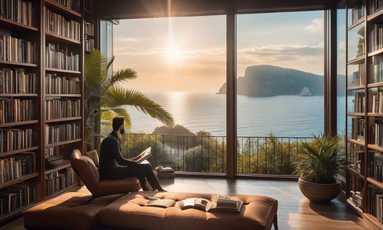  A large window in a room filled with bookshelves. Through the window, you can see the sea. It's a summer day. hyperrealistic, full body, detailed clothing, highly detailed, cinematic lighting, stunningly beautiful, intricate, sharp focus, f/1. 8, 85mm, (centered image composition), (professionally color graded), ((bright soft diffused light)), volumetric fog, trending on instagram, trending on tumblr, HDR 4K, 8K