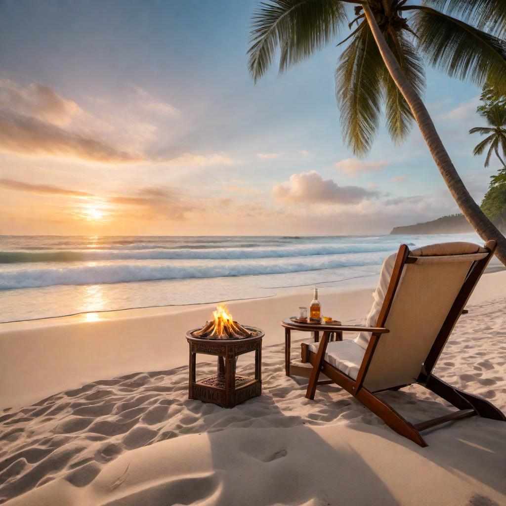  A serene beach scene in Bali during sunset, with soft golden sands, gentle waves, palm trees swaying slightly in the breeze, a cozy bonfire in the foreground with two beach chairs facing it. On a small table between the chairs, there are food and drinks set up. The words 'Dreams do come true if you believe' are elegantly written in the sky in soft, flowing script. hyperrealistic, full body, detailed clothing, highly detailed, cinematic lighting, stunningly beautiful, intricate, sharp focus, f/1. 8, 85mm, (centered image composition), (professionally color graded), ((bright soft diffused light)), volumetric fog, trending on instagram, trending on tumblr, HDR 4K, 8K