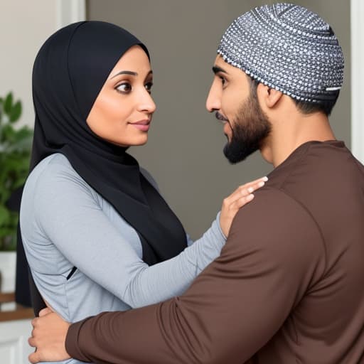  A Muslim who is wearing a sports and yoga pants and a light brown hijab her husband comes home she is greeting him they both start ing romantically on the lips