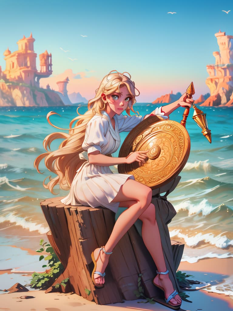  award winning, professional, highly detailed, breathtaking sea nymph lyre stringed harp sitting, rock, ocean spray, ocean storm, driftwood, toga, angelic, sea front view, , , photorealistic, raw photo, (1girl, looking at viewer), long hair, blond, oasis, sandals, eyeshadow, Aquarius, fins, translucent white armor, intricate dress, delicate wood filigree, intricate filigree, pearl metalic parts, detailed part, dynamic pose, detailed background, dynamic lighting,(textured skin:1.3)