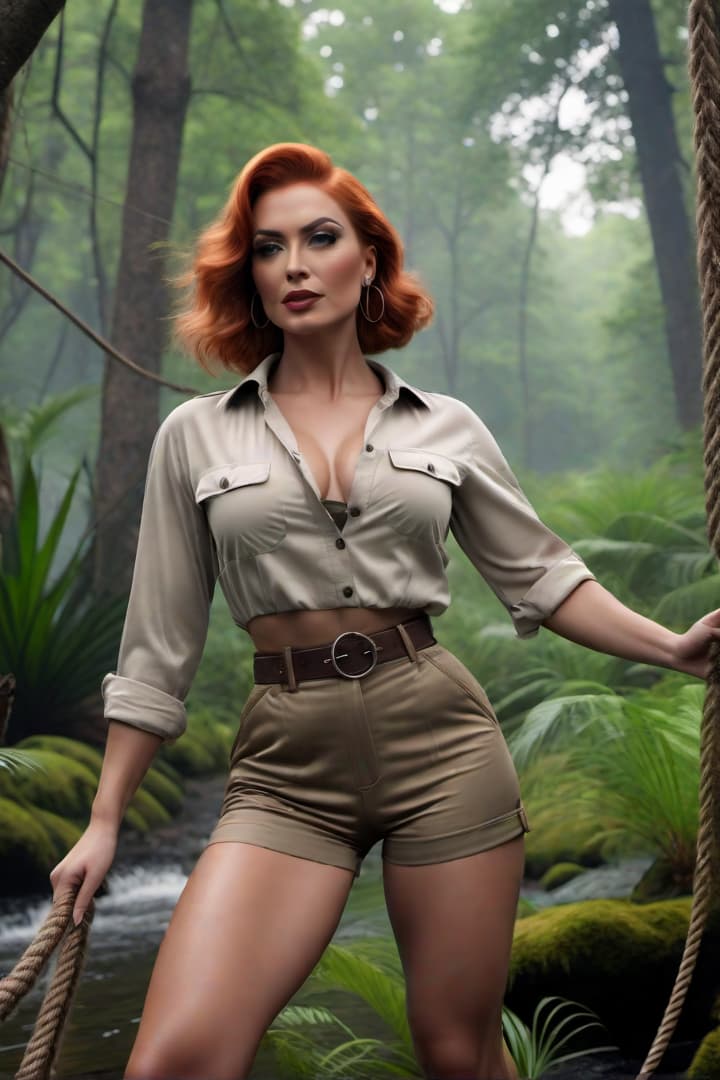  1920’s era young female,auburn haired,jungle explorer , wearing her khaki shorts and shirt with khaki knee socks , hangs onto a rope while waist deep in a swamp hyperrealistic, full body, detailed clothing, highly detailed, cinematic lighting, stunningly beautiful, intricate, sharp focus, f/1. 8, 85mm, (centered image composition), (professionally color graded), ((bright soft diffused light)), volumetric fog, trending on instagram, trending on tumblr, HDR 4K, 8K