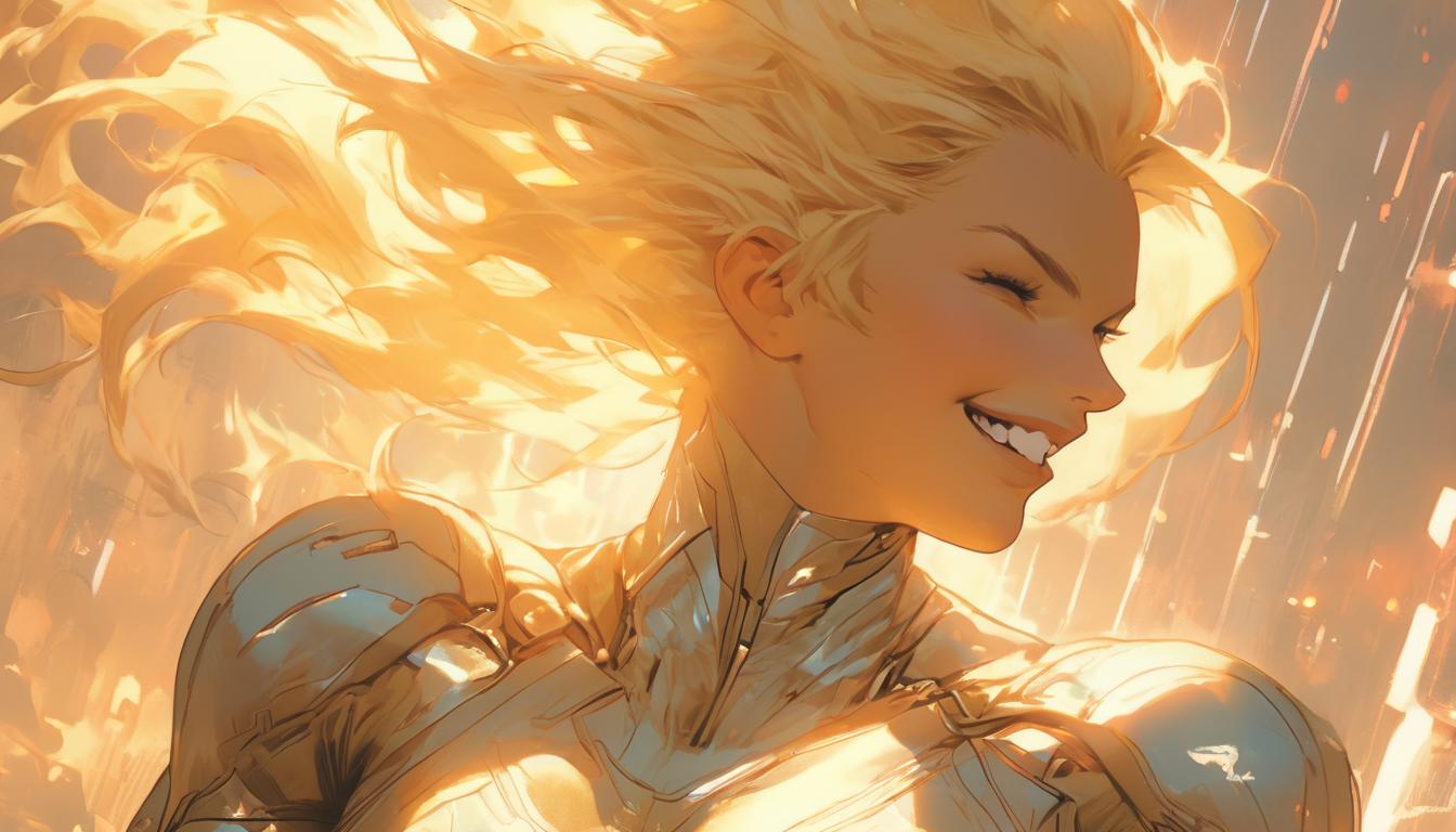  hyperrealism,fantasy aesthetic1woman, large busted attractive blonde arian female humanoid, softly opening eyes, serene smile, gentle awakening, renewed energy, high tech clothing clad in sleek, futuristic costume with metallic accents and form fitting designs, marvel superhero comics style, unreal engine rendering