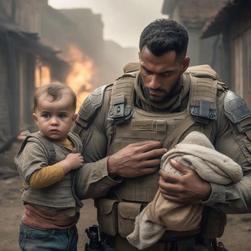  A wounded soldier with a huge bare chest and a menacing gaze, stands nearby an infant. hyperrealistic, full body, detailed clothing, highly detailed, cinematic lighting, stunningly beautiful, intricate, sharp focus, f/1. 8, 85mm, (centered image composition), (professionally color graded), ((bright soft diffused light)), volumetric fog, trending on instagram, trending on tumblr, HDR 4K, 8K