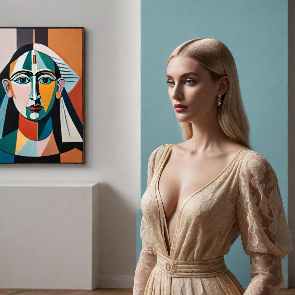  A friendly AI assistant asking the user for specific details to generate an image inspired by Picasso's art style. The scene is set in a creative, abstract manner, reminiscent of Picasso's use of shapes, colors, and forms. hyperrealistic, full body, detailed clothing, highly detailed, cinematic lighting, stunningly beautiful, intricate, sharp focus, f/1. 8, 85mm, (centered image composition), (professionally color graded), ((bright soft diffused light)), volumetric fog, trending on instagram, trending on tumblr, HDR 4K, 8K