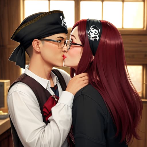  Shaved head female wearing small glasses indoor smiling throwing kiss pirate bandana wearing summer boyish pop