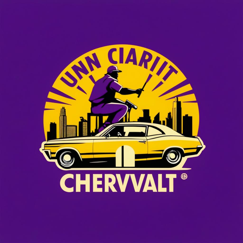  Logo, Un logo circulaire avec un fond violet profond, un homme assis sur une vieille Chevrolet tenant une arme, avec un soleil jaune éclatant et des bâtiments urbains en arrière plan. Le nom du serveur en typographie moderne et des détails stylisés