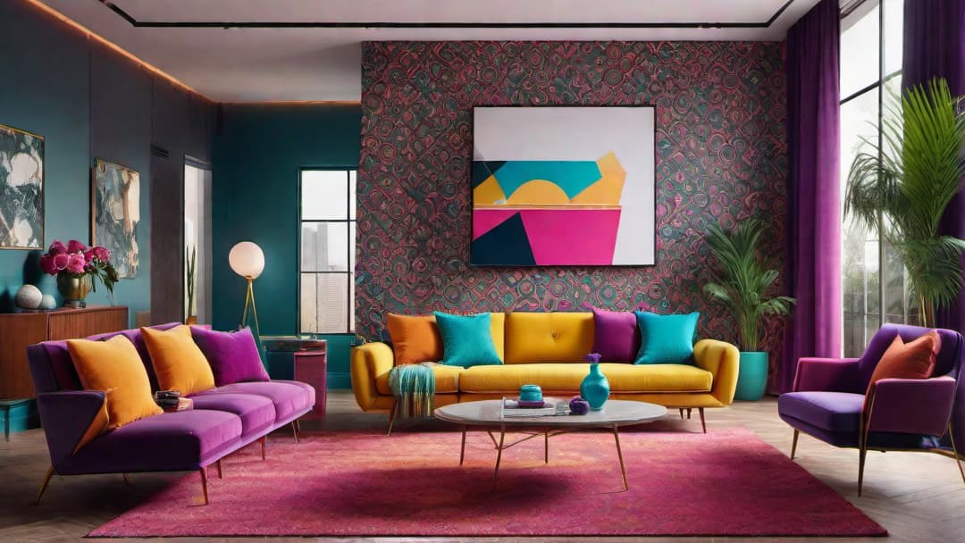  Generate an image of a vibrant 80s retro living room design with a mix of bold colors and patterns. The setting should include walls adorned with geometric wallpaper in turquoise and pink, furniture upholstered in orange and purple fabrics, and a shaggy yellow area rug. Be sure to include retro elements like a lava lamp, geometric art pieces, and a record player to enhance the nostalgic charm of the room. The overall ambiance should capture the lively and energetic spirit of 80s retro interior design. hyperrealistic, full body, detailed clothing, highly detailed, cinematic lighting, stunningly beautiful, intricate, sharp focus, f/1. 8, 85mm, (centered image composition), (professionally color graded), ((bright soft diffused light)), volumetric fog, trending on instagram, trending on tumblr, HDR 4K, 8K