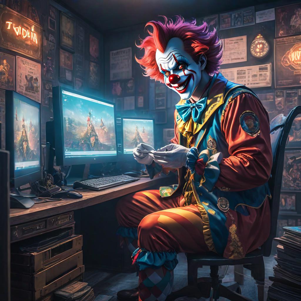  manga style A room, a clown sits at a computer with a stock on the screen, with 14K written in the center on top of it all . vibrant, high energy, detailed, iconic, Japanese comic style hyperrealistic, full body, detailed clothing, highly detailed, cinematic lighting, stunningly beautiful, intricate, sharp focus, f/1. 8, 85mm, (centered image composition), (professionally color graded), ((bright soft diffused light)), volumetric fog, trending on instagram, trending on tumblr, HDR 4K, 8K