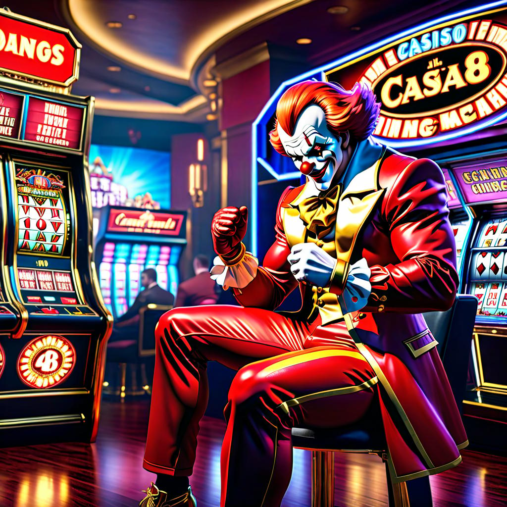  fighting game style In the foreground is a large inscription in 14K letters in a gold frame, in the background is a casino and a clown sitting at the machines . dynamic, vibrant, action packed, detailed character design, reminiscent of fighting video games hyperrealistic, full body, detailed clothing, highly detailed, cinematic lighting, stunningly beautiful, intricate, sharp focus, f/1. 8, 85mm, (centered image composition), (professionally color graded), ((bright soft diffused light)), volumetric fog, trending on instagram, trending on tumblr, HDR 4K, 8K