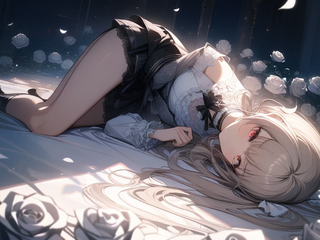  Girls, hair color beige, gothic fashion with a lot of red, white frills, many white roses, white roses, stars, fleeting, light, twin tails, lying down, masterpiece, best quality,8k,ultra detailed,high resolution,an extremely delicate and beautiful,hyper detail