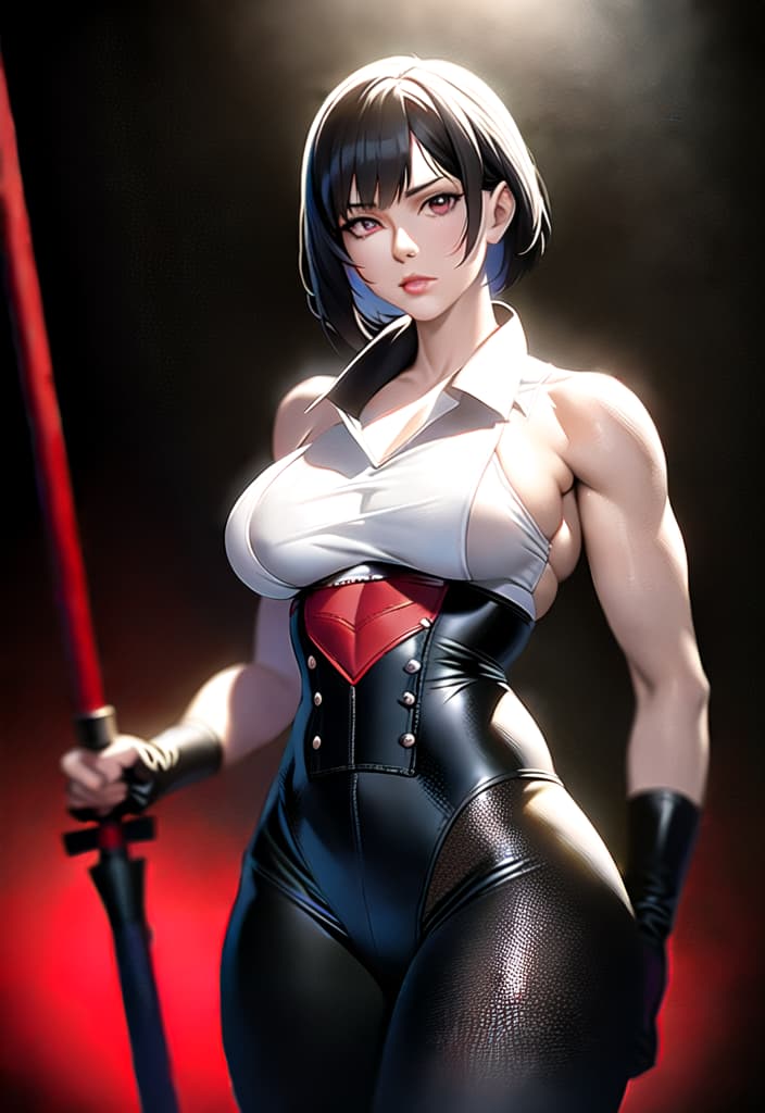  Black hair, berry short hair, beautiful woman, white dress shirt, red corset, black leather pants, muscles, always have Japanese swords, Be sure to draw from the head to the thigh, the background is outdoor, (Masterpiece, BestQuality:1.3), (ultra detailed:1.2), (hyperrealistic:1.3), (RAW photo:1.2),High detail RAW color photo, professional photograph, (Photorealistic:1.4), (realistic:1.4), ,professional lighting, (japanese), beautiful face, (realistic face)