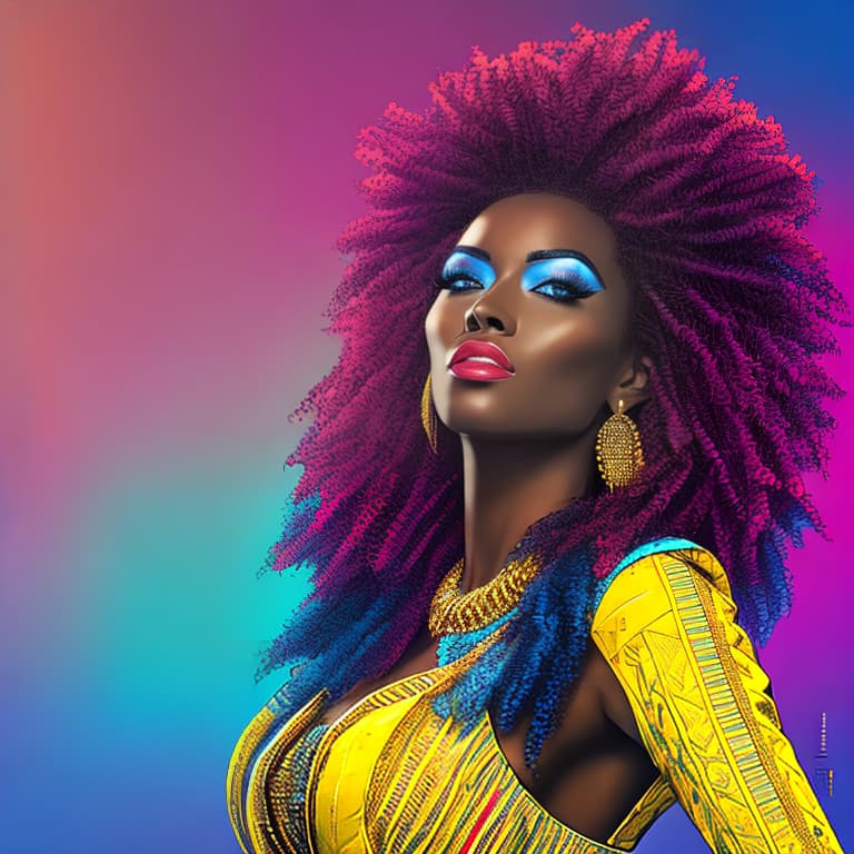 nvinkpunk pop art style, African woman with afro, covered in gold and blue, Afro art, close up hyperrealistic, full body, detailed clothing, highly detailed, cinematic lighting, stunningly beautiful, intricate, sharp focus, f/1. 8, 85mm, (centered image composition), (professionally color graded), ((bright soft diffused light)), volumetric fog, trending on instagram, trending on tumblr, HDR 4K, 8K