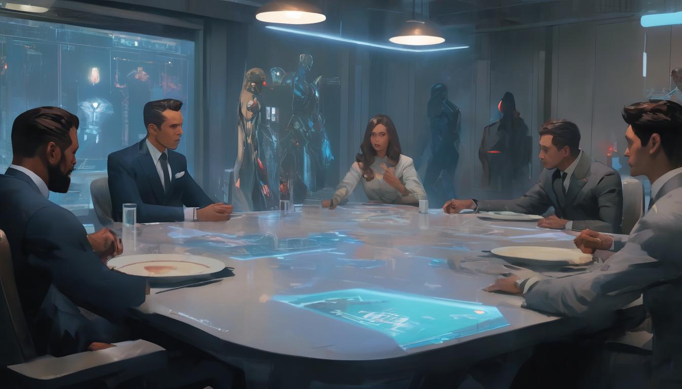  hyperrealism,fantasy aestheticTwo contrasting scenarios: a modern boardroom with professionals in suits engaged in discussion, and a cozy family dinner table with a family sharing a meal, both scenes connected by a transparent overlay of strategic diagrams, threads of thought, foresight, wisdom, high tech clothing clad in sleek, futuristic costume with metallic accents and form fitting designs, marvel superhero comics style, unreal engine rendering