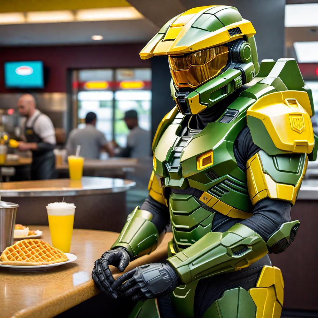  Master Chief from the Halo series at a Waffle House, wearing his iconic green armor, standing inside a classic Waffle House diner with bright yellow booths and a counter, interacting with the staff or ordering food. hyperrealistic, full body, detailed clothing, highly detailed, cinematic lighting, stunningly beautiful, intricate, sharp focus, f/1. 8, 85mm, (centered image composition), (professionally color graded), ((bright soft diffused light)), volumetric fog, trending on instagram, trending on tumblr, HDR 4K, 8K