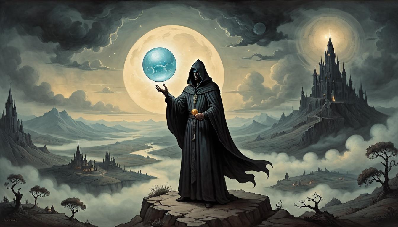  on parchment, surrealism+++, A cloaked figure holding a glowing orb, figure standing on a precipice overlooking a vast landscape, dark clouds, ethereal glow, solemn duty(mysterious, provocative, symbolic,muted color)+++