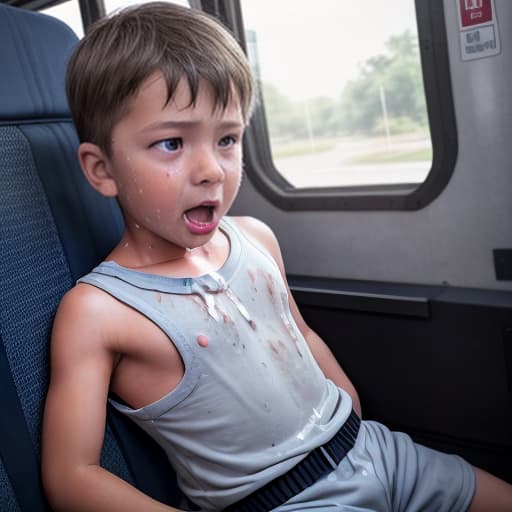  a very sweaty very young boy, caught on a public bus, is discovered by the viewer. The young 's face is rendered in exquisite detail, a look of and arousal as he realizes he's been caught the boy on the bus seat lets out a stream of warm, viscous liquid shooting out from his huge engorged erect tip coating his and splattering onto the floor of the bus, the pinnacle of his is his sweaty features, high-angle shot, dramatic angle, extreme angle shot, photo-realistic, volumetric fog, 85mm lens, HDR, cinematic