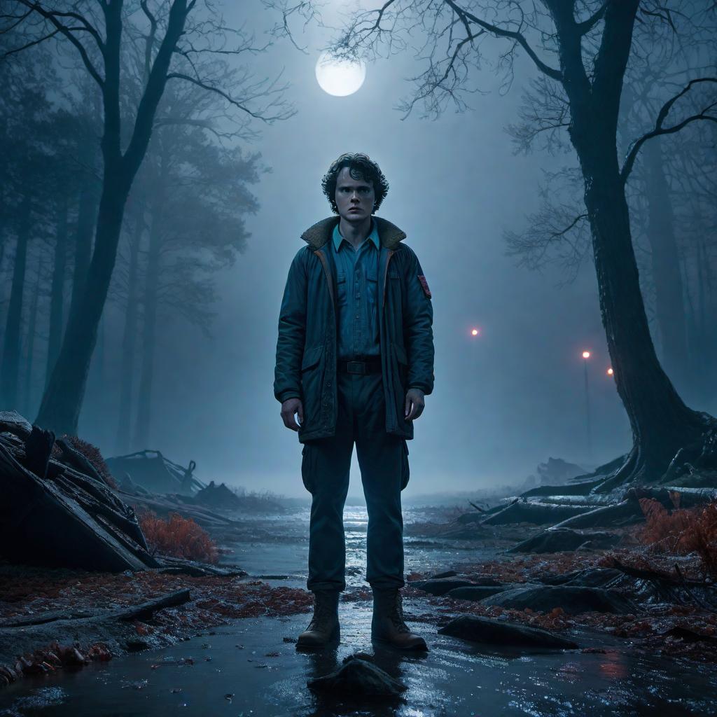  A detailed drawing of a character from Stranger Things in the Upside Down. The character should look eerie and atmospheric, fitting with the dark and supernatural elements of the Upside Down. Include elements like the foggy, desolate environment, and the strange, glowing particles floating in the air. hyperrealistic, full body, detailed clothing, highly detailed, cinematic lighting, stunningly beautiful, intricate, sharp focus, f/1. 8, 85mm, (centered image composition), (professionally color graded), ((bright soft diffused light)), volumetric fog, trending on instagram, trending on tumblr, HDR 4K, 8K