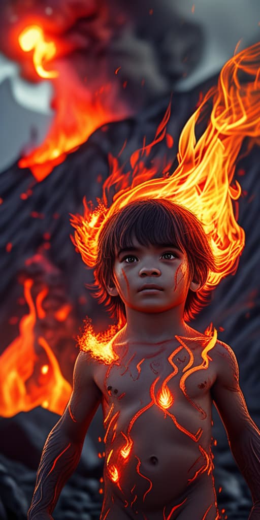  best quality, HD, A cute child portrait of a fire elemental human, warm glowing skin, fiery red eyes, surrounded by swirling flames, set against a cinematic background of a volcanic landscape, with studio lighting highlighting the fiery details, hyper detailed, beautifully color graded, 8k photorealistic, global illumination, volumetric lighting.