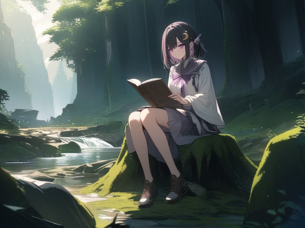  Forest,sunlight filtering through the trees,Mountain stream,moss covered rocks,broken shrine,moss covered building,forest,reading,best quality,beautiful,fantastic,cool girl,Black hair,(purple eyes),short,cropped hair,crescent moon hair ornament,On the stump, masterpiece, best quality,8k,ultra detailed,high resolution,an extremely delicate and beautiful,hyper detail