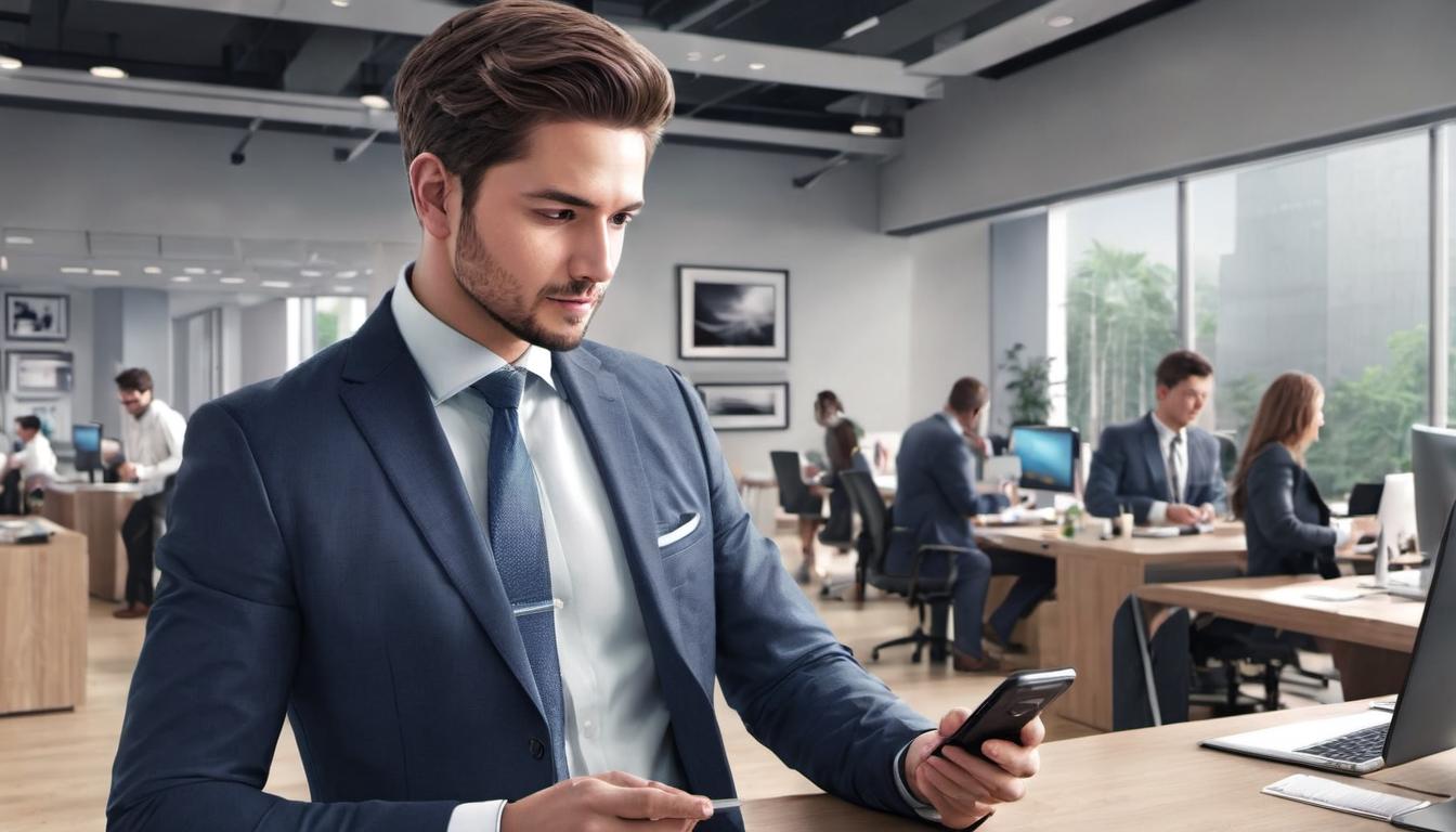  digital illustration, 1man, standing in an office space, checking his phone, neutral expression, wearing formal attire, background features bustling office environment, a sense of detachment or preoccupation, looking at viewer, dynamic pose, (intricate details, masterpiece, best quality)