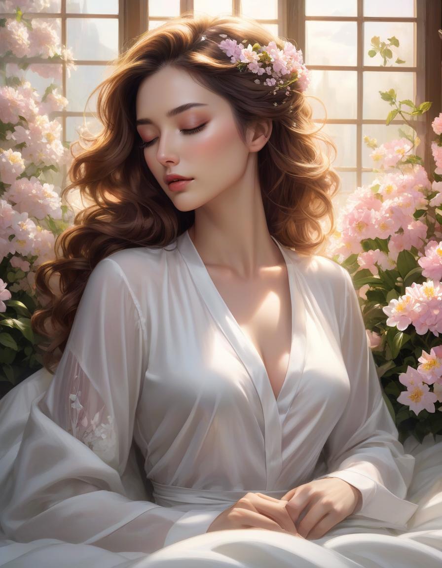  concept art A woman is peacefully asleep amid white sheets and blooming flowers, with soft light streaming through a window. a woman laying on top of a bed next to a window, a photorealistic painting, inspired by Magali Villeneuve, trending on Artstation, fantasy art, girl in a bed of flowers, soft pale golden skin, portrait of a woman sleeping, in the early morning, jingna zhang . digital artwork, illustrative, painterly, matte painting, highly detailed hyperrealistic, full body, detailed clothing, highly detailed, cinematic lighting, stunningly beautiful, intricate, sharp focus, f/1. 8, 85mm, (centered image composition), (professionally color graded), ((bright soft diffused light)), volumetric fog, trending on instagram, trending on tumblr, HDR 4K, 8K