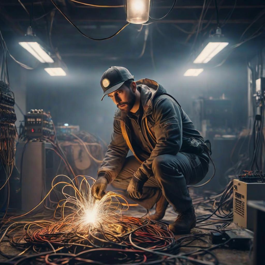  Electrician breaks wires hyperrealistic, full body, detailed clothing, highly detailed, cinematic lighting, stunningly beautiful, intricate, sharp focus, f/1. 8, 85mm, (centered image composition), (professionally color graded), ((bright soft diffused light)), volumetric fog, trending on instagram, trending on tumblr, HDR 4K, 8K