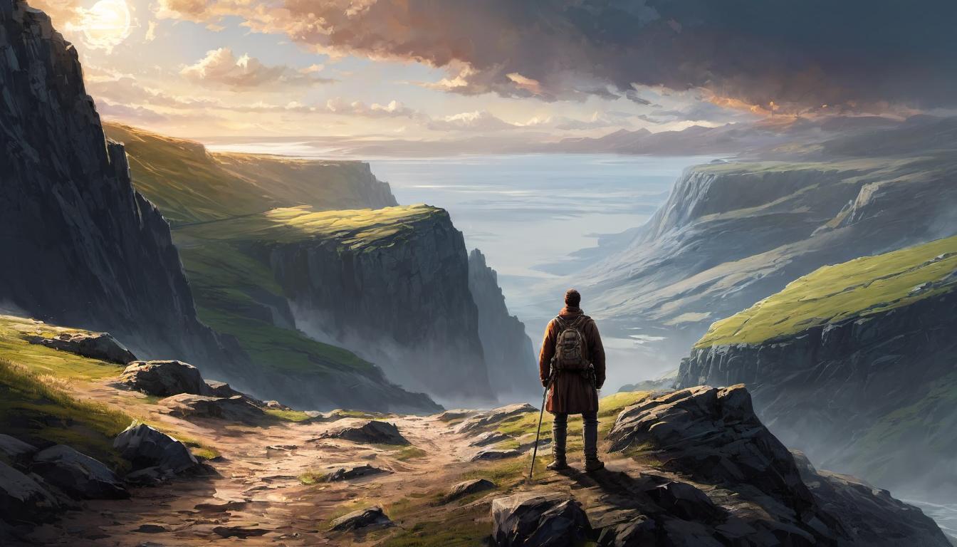  digital illustration, 1man, standing at the edge of a rugged terrain, contemplating the path ahead, light breaking over the horizon, anticipation, risk, opportunity, overcoming, open doors, looking at viewer, dynamic pose, (intricate details, masterpiece, best quality)