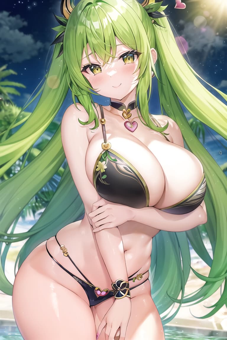  master piece , best quality,green pink hair、yellow eye、汗、垂れ目、巨乳、長身、接近、love、heart、tatoo、luxuary、happiness、exciting、ハグ、night