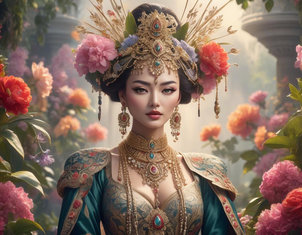  concept art A woman adorned in elaborate traditional jewelry and attire, set against a floral background with a regal aura Analog photo graceful dada absurdity surreal, trending on artstation, sharp focus, studio photo, intricate details, highly detailed. . digital artwork, illustrative, painterly, matte painting, highly detailed hyperrealistic, full body, detailed clothing, highly detailed, cinematic lighting, stunningly beautiful, intricate, sharp focus, f/1. 8, 85mm, (centered image composition), (professionally color graded), ((bright soft diffused light)), volumetric fog, trending on instagram, trending on tumblr, HDR 4K, 8K