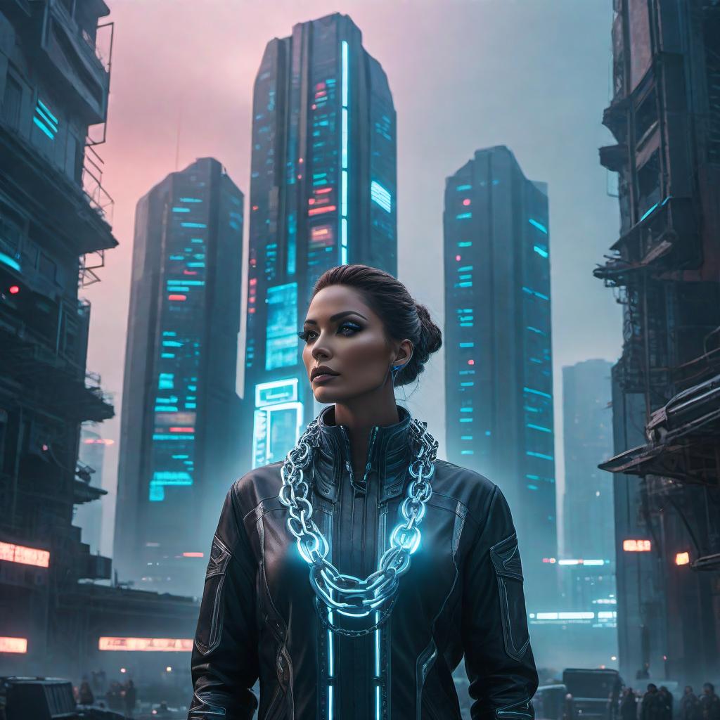  A futuristic artwork inspired by Psalm 107:13-14. Imagine a dystopian cityscape shrouded in darkness and neon lights. People in high-tech, yet worn-out, clothing are depicted in distress, with digital chains representing their bondage. Above them, an immense, radiant source of light, possibly a futuristic interpretation of divine intervention, breaks through the gloom. The light should dissolve the digital chains and illuminate their path toward freedom. Elements like hovering drones, cyber-enhanced flora, and advanced architecture should be included to emphasize the futuristic setting. hyperrealistic, full body, detailed clothing, highly detailed, cinematic lighting, stunningly beautiful, intricate, sharp focus, f/1. 8, 85mm, (centered image composition), (professionally color graded), ((bright soft diffused light)), volumetric fog, trending on instagram, trending on tumblr, HDR 4K, 8K