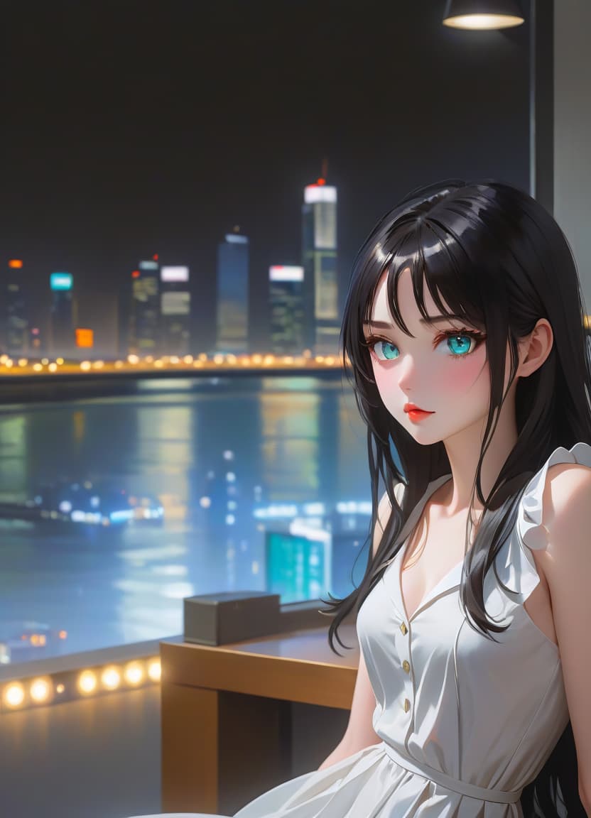  anime artwork beautiful , , white skinned, European, blue eyes, long brown straight hair, slender figure, small neat s, dressed in a black dress with a white collar and white cuffs, full length, against the backdrop of a modern city. Skyscrs of Moscow City (photorealism, oil painting: 1.3), (full length shot: 1.3), charming , long flowing black hair, (large sensual mouth: 1.2), plump lips, sparkling emerald eyes , narrow waist, (sensual drawing: 1.2), silvery glow, ethereal aura, detailed brushwork, intricate shadows and highlights, mysterious and captivating expression, unique color palette, masterful use of light and shadow, captivating atmosphere, pure emotion, intense gaze, dynamic composition. small hyperrealistic, full body, detailed clothing, highly detailed, cinematic lighting, stunningly beautiful, intricate, sharp focus, f/1. 8, 85mm, (centered image composition), (professionally color graded), ((bright soft diffused light)), volumetric fog, trending on instagram, trending on tumblr, HDR 4K, 8K