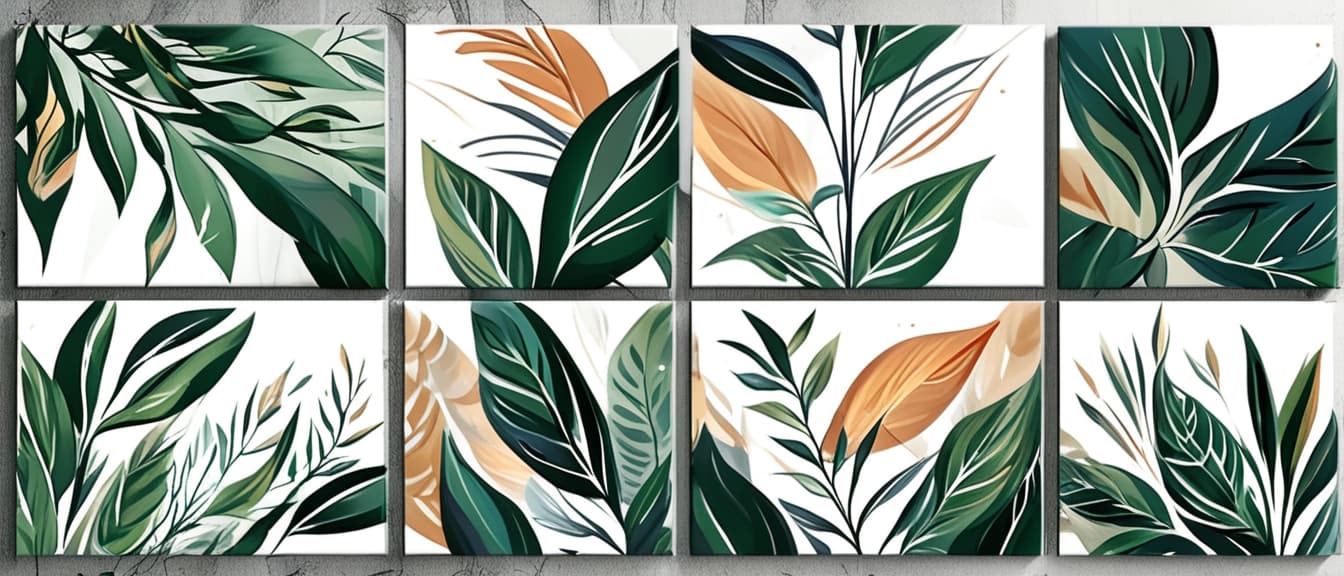  best quality, HD, A set of canvases with an abstract foliage. Plant art design.