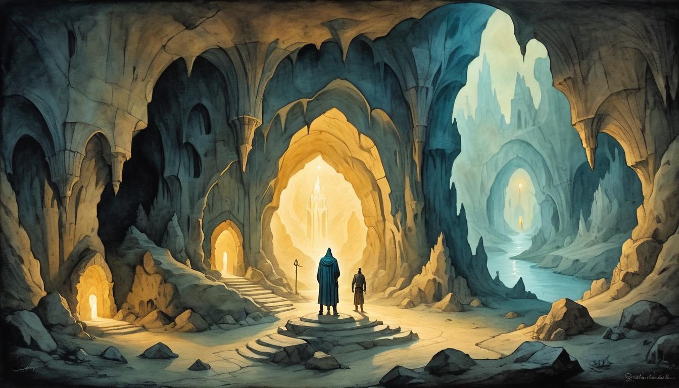  on parchment, surrealism+++, A figure standing at the entrance of an illuminated cave, readiness for profound connections, glowing light, unveiling path(mysterious, provocative, symbolic,muted color)+++