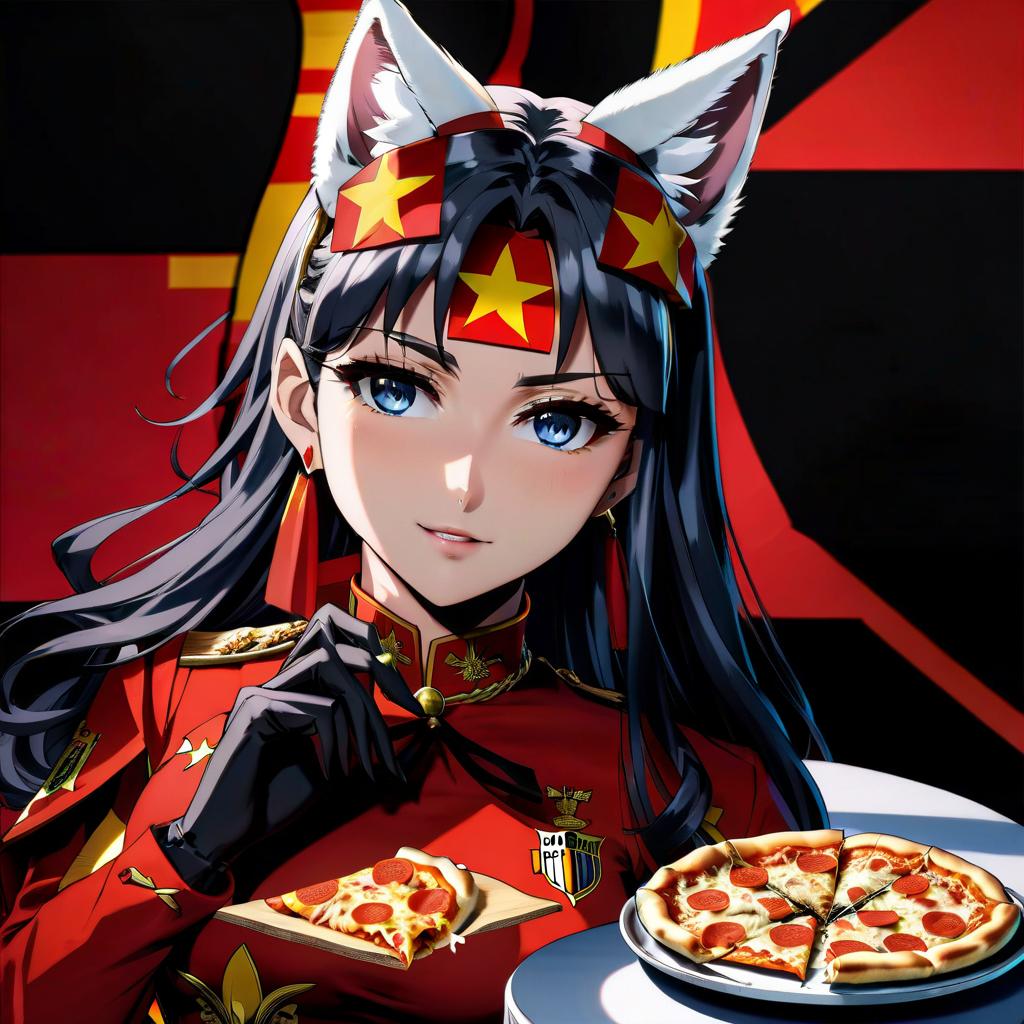  anime artwork The ruler of the country of Spain in 1942 named Kofi Pizza (girl with white cat ears, that likes pizza, coffee and drawing) , the country of Spain with the ideology of monarchism, the flag of the country of Spain with the ideology of monarchism on the background . anime style, key visual, vibrant, studio anime, highly detailed hyperrealistic, full body, detailed clothing, highly detailed, cinematic lighting, stunningly beautiful, intricate, sharp focus, f/1. 8, 85mm, (centered image composition), (professionally color graded), ((bright soft diffused light)), volumetric fog, trending on instagram, trending on tumblr, HDR 4K, 8K