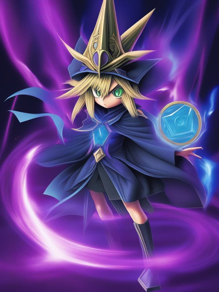  (in yu gi oh! duel monsters dark magician style),(absurdres,highres,superlative),((texture)),((contrast)),(top quality,masterpiece),(sence of depth,clear,brightness:1.5),(official art,simple background,magic circle,madeon) BREAK solo,,kawaii,(blond hair),cute lips,parted lips,green eyes,(duel monster,dark magician costume),blue dress,age,witch hat,blue hat,pink ,show , bare shoulders,((concentration)),, masterpiece, best quality,8k,ultra detailed,high resolution,an extremely delicate and beautiful,hyper detail