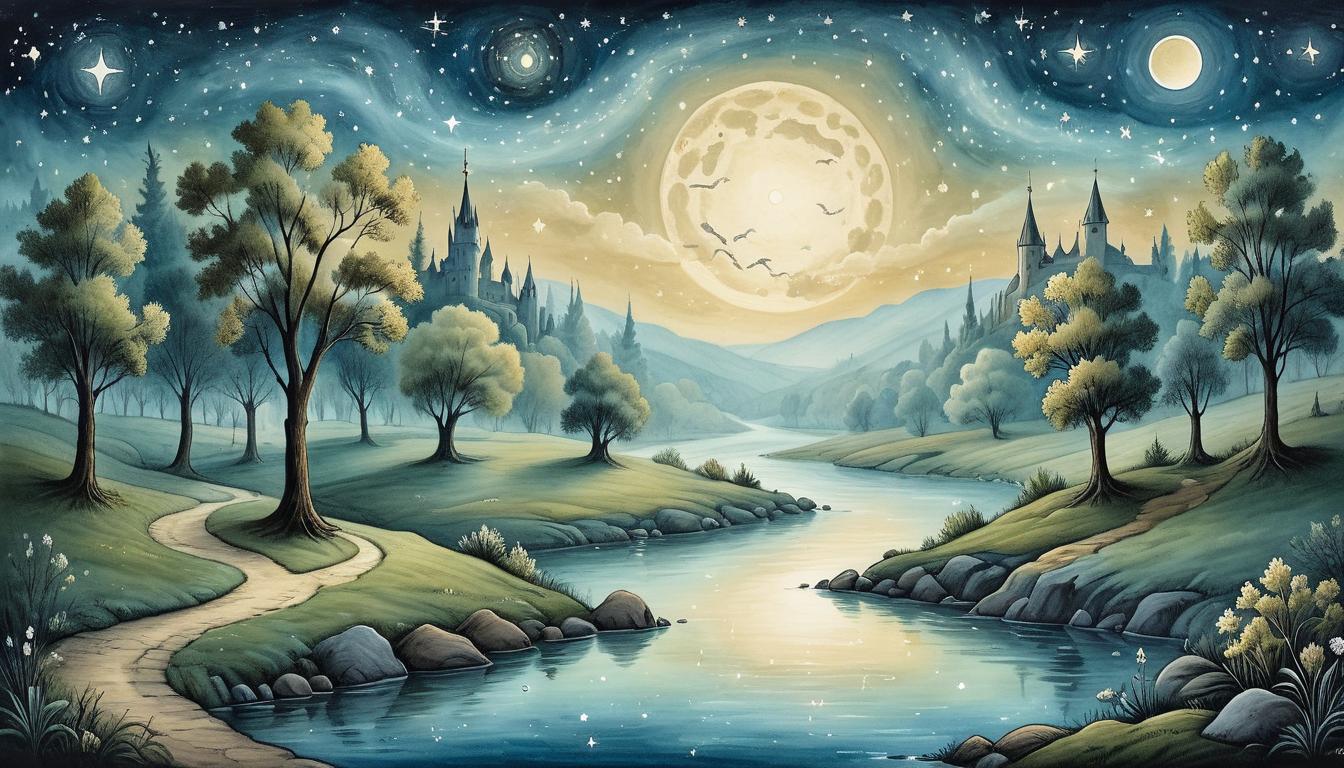  on parchment, surrealism+++, Serene landscape, with a peaceful flowing river under a starlit sky, reflecting the light of numerous stars, calming, fulfilling, cosmic connection, peaceful night, tranquil atmosphere(mysterious, provocative, symbolic,muted color)+++