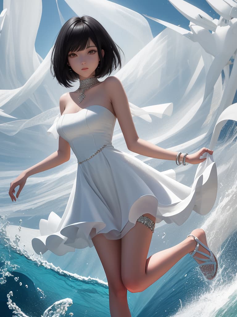  Back, sandy beach, black hair bob, white dress, legs, whole body, masterpiece, best quality,8k,ultra detailed,high resolution,an extremely delicate and beautiful,hyper detail