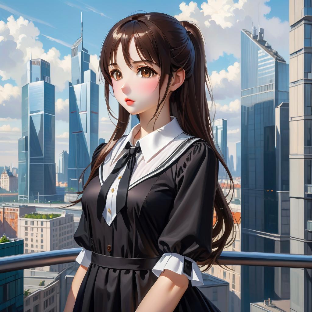  anime artwork beautiful , , oblique bangs, a mole under the lower lip in the middle of the chin. white skinned, European, brown eyes, long brown straight hair, side bangs, mole under the lower lip, slender figure, small neat s, dressed in a black dress with a white collar and white cuffs, full length, against the backdrop of a modern city. Skyscrs of Moscow City (photorealism, oil painting: 1.3), (full length shot: 1.3), charming , long flowing black hair, (large sensual mouth: 1.2), plump lips, sparkling brown eyes , narrow waist, (sensual drawing: 1.2), silvery glow, ethereal aura, detailed brushwork, intricate shadows and highlights, mysterious and captivating expression, unique color palette, masterf hyperrealistic, full body, detailed clothing, highly detailed, cinematic lighting, stunningly beautiful, intricate, sharp focus, f/1. 8, 85mm, (centered image composition), (professionally color graded), ((bright soft diffused light)), volumetric fog, trending on instagram, trending on tumblr, HDR 4K, 8K