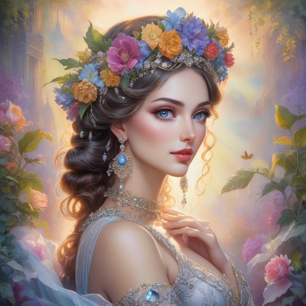  gothic style A portrait of a woman with a flower crown and bejeweled accessories against a soft, colorful background. Watercolor in the style of Josephine Wall, Tomasz Allen Kopera, Dariusz Zawadzki, Andreja Peklar, Ivan Shiskine,Create an image of a young woman with a radiant and cheerful expression. Her skin is smooth with a fair complexion. She has large, captivating eyes with a gentle gaze and well defined eyebrows. Her full lips curve into a warm, inviting smile that enhances her approachable aura. Her hair is voluminous and flows in luxurious, well defined waves, cascading around her face and shoulders. The hair color is a soft, monochromatic hue that harmonizes with the colour tone of the image, giving an overall classical and timele hyperrealistic, full body, detailed clothing, highly detailed, cinematic lighting, stunningly beautiful, intricate, sharp focus, f/1. 8, 85mm, (centered image composition), (professionally color graded), ((bright soft diffused light)), volumetric fog, trending on instagram, trending on tumblr, HDR 4K, 8K