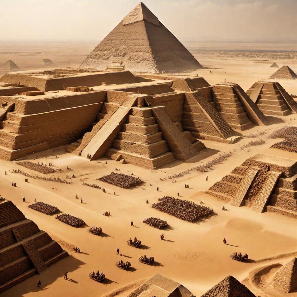  A very realistic sepia style image of the construction of the Egyptian pyramids, showing thousands of workers carrying huge stones. The workers are dressed in ancient Egyptian attire, using primitive tools and ramps. The scene captures the grandeur and scale of the pyramid structure with partially completed pyramids in the background against the horizon. hyperrealistic, full body, detailed clothing, highly detailed, cinematic lighting, stunningly beautiful, intricate, sharp focus, f/1. 8, 85mm, (centered image composition), (professionally color graded), ((bright soft diffused light)), volumetric fog, trending on instagram, trending on tumblr, HDR 4K, 8K