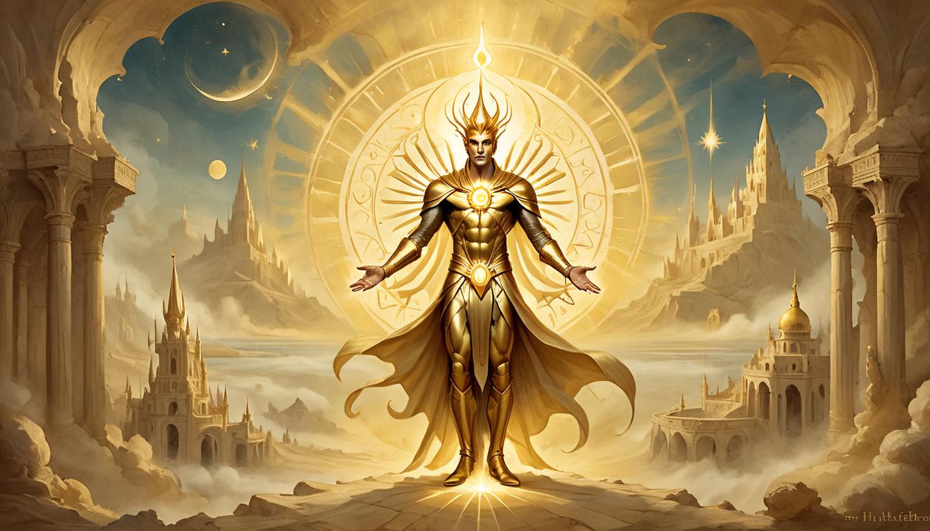  on parchment, surrealism+++, A majestic golden aura radiating from a central point, ethereal essence pouring out, suggesting energy and divinity, soft golden hues, warmth, transcendence(mysterious, provocative, symbolic,muted color)+++