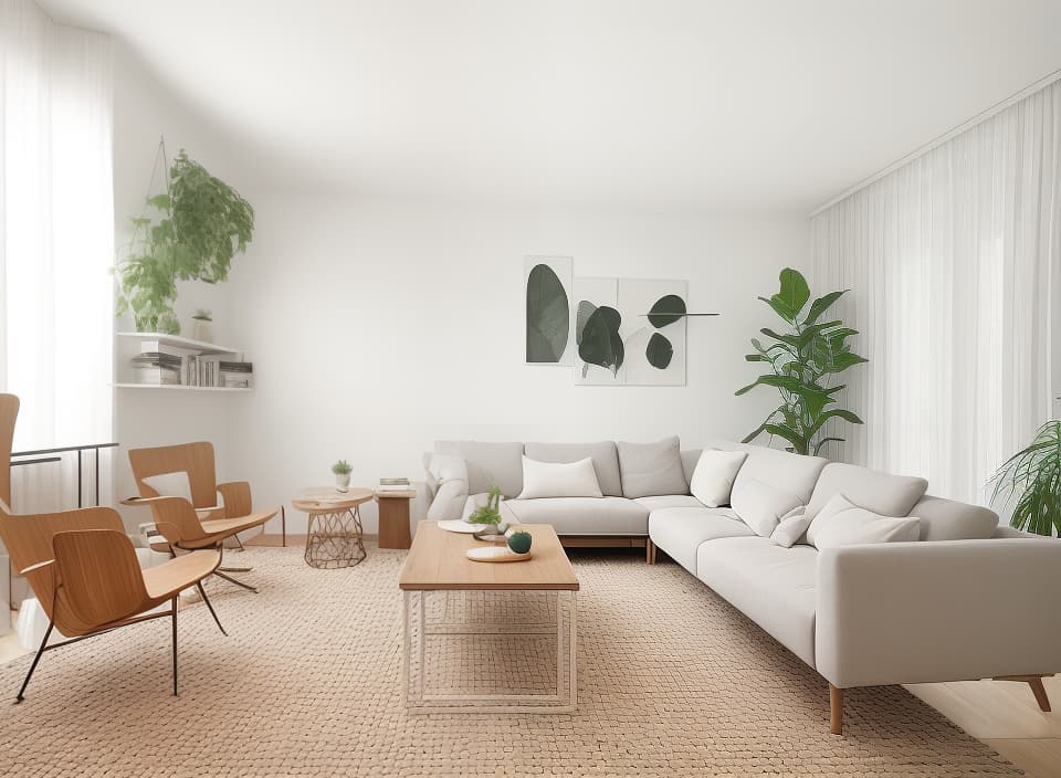  Living Room, Cozy, comfortable, family time, relaxation, entertainment, decor, furniture, lighting The room depicted in the image exhibits a minimalist and contemporary living room theme, emphasizing clean lines and neutral tones. Contemporary minimalist living room with a white sectional sofa, wooden accent chairs, geometric rug, and large leaf artwork. minimalist, contemporary, living room, white sectional sofa, wooden accent chairs, geometric rug, large leaf artwork earhty colors