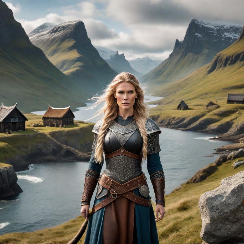  A fierce and determined Viking shieldmaiden named Freya standing in a rugged Nordic landscape. She has long, braided hair adorned with small, intricate Viking-style hairpieces. Her attire includes a traditional Viking tunic, trousers, leather boots, and a cloak. She wears leather or metal armor and carries a shield bearing Norse symbols. Nordic jewelry such as a Thor's hammer necklace and arm rings adorn her. The backdrop features a Viking village or a rocky coastline with mountains. The overall scene exudes strength, courage, and the spirit of the Viking era. hyperrealistic, full body, detailed clothing, highly detailed, cinematic lighting, stunningly beautiful, intricate, sharp focus, f/1. 8, 85mm, (centered image composition), (professionally color graded), ((bright soft diffused light)), volumetric fog, trending on instagram, trending on tumblr, HDR 4K, 8K