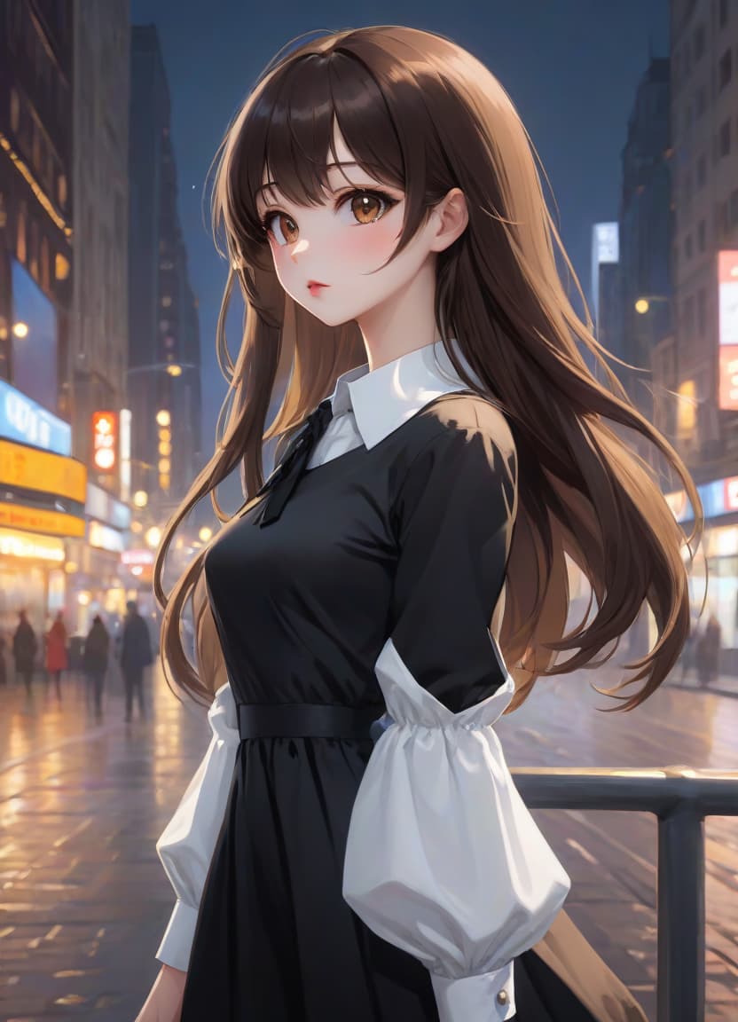  anime artwork beautiful , , oblique bangs, a mole under the lower lip in the middle of the chin. white skinned, European, brown eyes, long brown straight hair, side bangs, mole under the lower lip, slender figure, small neat s, dressed in a black dress with a white collar and white cuffs, full length, against the backdrop of a modern city. Skyscrs of Moscow City (photorealism, oil painting: 1.3), (full length shot: 1.3), charming , long flowing black hair, (large sensual mouth: 1.2), plump lips, sparkling brown eyes , narrow waist, (sensual drawing: 1.2), silvery glow, ethereal aura, detailed brushwork, intricate shadows and highlights, mysterious and captivating expression, unique color palette, masterf hyperrealistic, full body, detailed clothing, highly detailed, cinematic lighting, stunningly beautiful, intricate, sharp focus, f/1. 8, 85mm, (centered image composition), (professionally color graded), ((bright soft diffused light)), volumetric fog, trending on instagram, trending on tumblr, HDR 4K, 8K