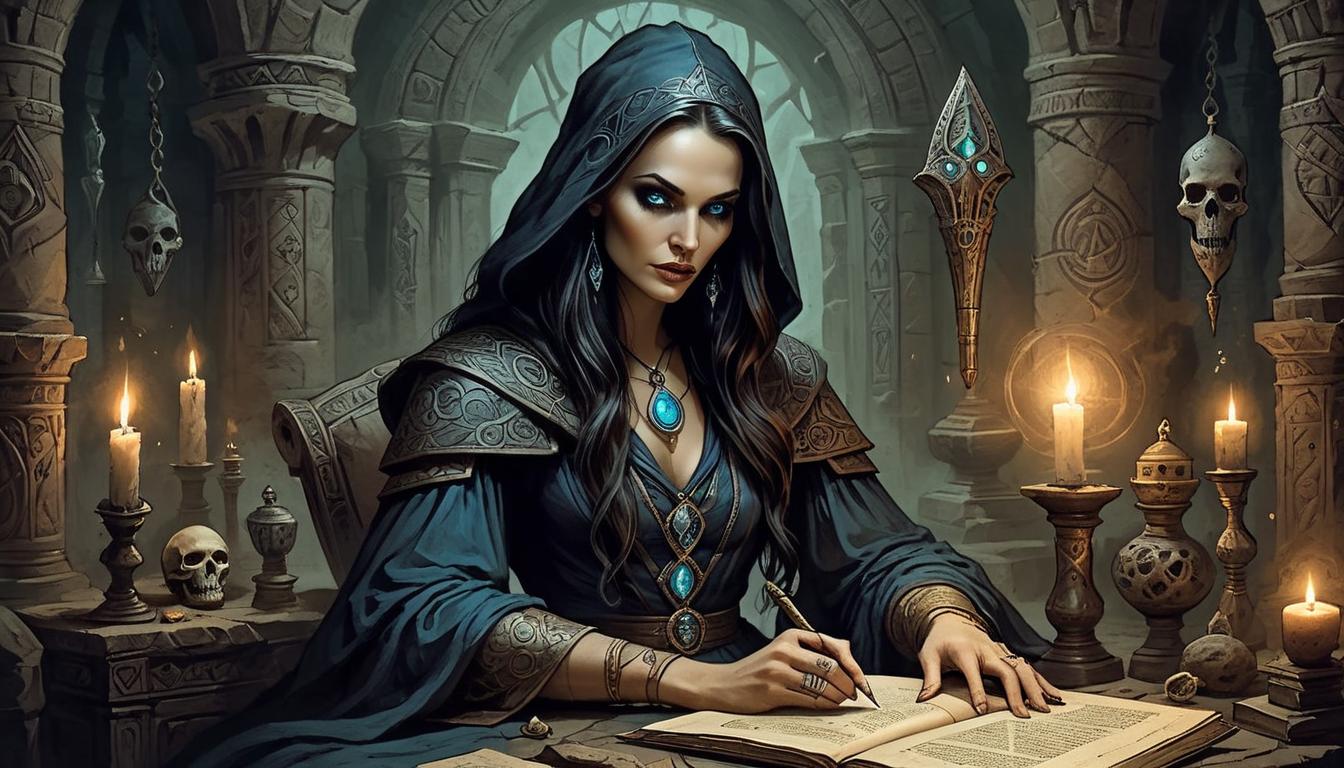  on parchment, surrealism+++, Dark sorceress in a dimly lit chamber, surrounded by ancient tomes and mystical artifacts, her eyes glowing with arcane knowledge, powerful, enigmatic, intense(mysterious, provocative, symbolic,muted color)+++