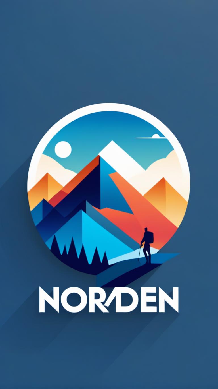  Logo, (geometric style), Wanderer auf Bergwanderung im blauen Sonnenaufgang Richtung „NORDEN“