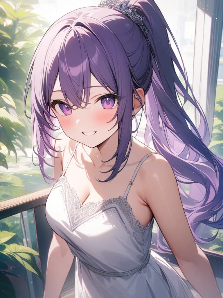  Cute, , long hair, thin body, ponytail, purple hair, purple eyes, smiling, g, g decoration, camisole dress, big s, masterpiece, best quality,8k,ultra detailed,high resolution,an extremely delicate and beautiful,hyper detail