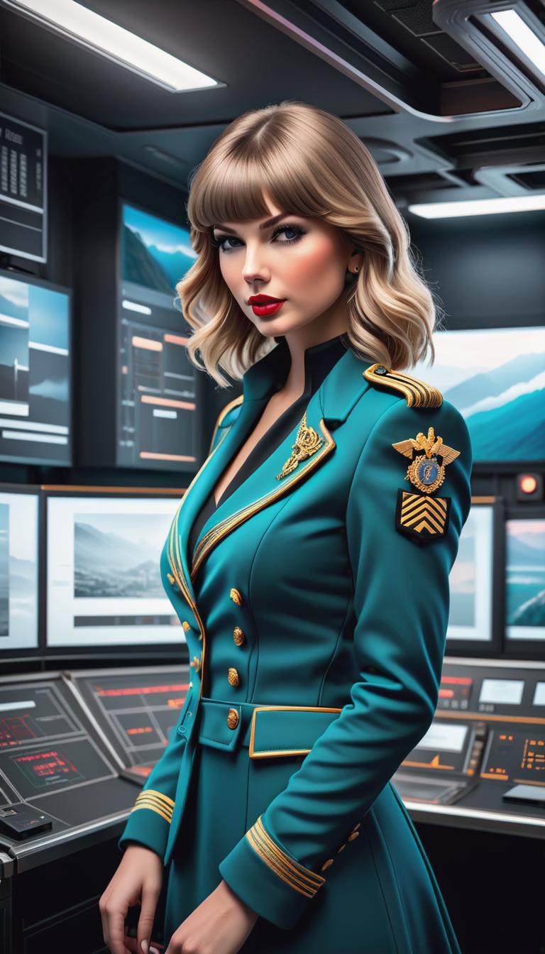  Cyberpunk style depiction of Taylor Swift as a sailor. The scene is set in a world where technology has advanced, but society and human conditions have not, creating a gritty, dystopian atmosphere. hyperrealistic, full body, detailed clothing, highly detailed, cinematic lighting, stunningly beautiful, intricate, sharp focus, f/1. 8, 85mm, (centered image composition), (professionally color graded), ((bright soft diffused light)), volumetric fog, trending on instagram, trending on tumblr, HDR 4K, 8K